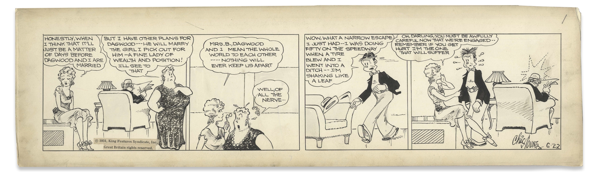 Chic Young Hand-Drawn ''Blondie'' Comic Strip From 1931 Titled ''How'd she figure that out?'' -- Blondie's Upset After Dagwood Crashes His Car